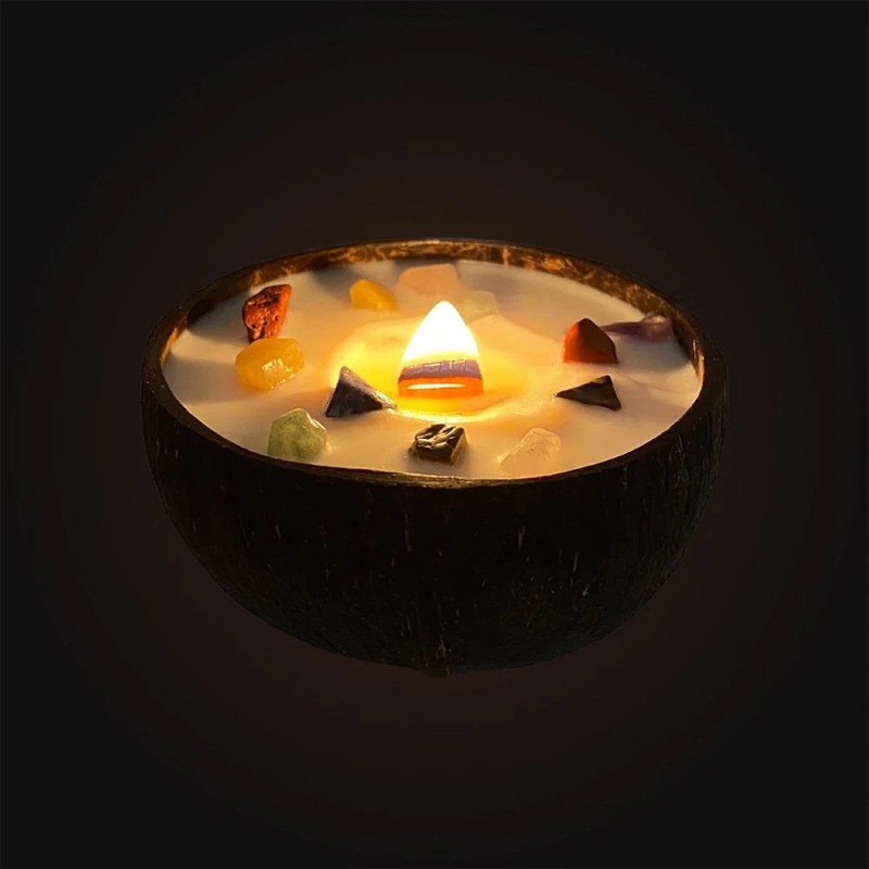 Kokosnuss Kerze mit Chakra-Edelsteinen